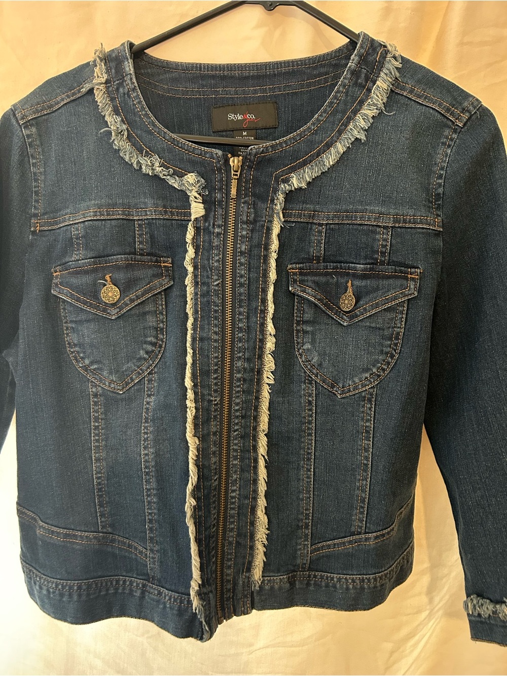 Style & Co. Dark Blue Frayed-Trim Denim Zip Jacket